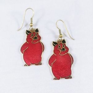 Pig Earrings Maroonish Red Black Gold Enamel